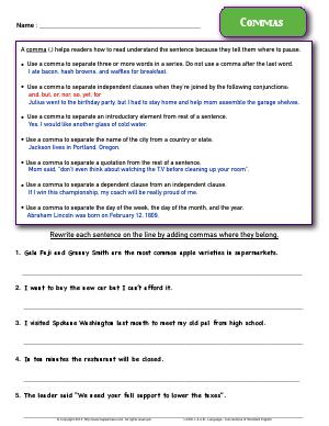 Preview image for worksheet with title Commas