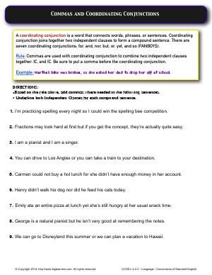 Preview image for worksheet with title Commas and Coordinating Conjunctions
