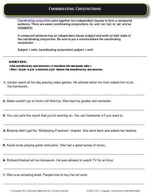 Preview image for worksheet with title Coordinating Conjunctions