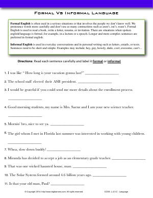 Preview image for worksheet with title Formal Vs Informal Language