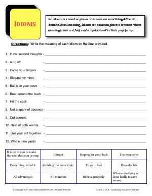 Preview image for worksheet with title Idioms