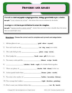Preview image for worksheet with title Proverbs and Adages