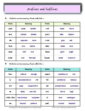 Preview image for worksheet with title prefixes and Suffixes