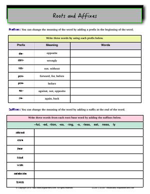 Preview image for worksheet with title Roots and Affixes