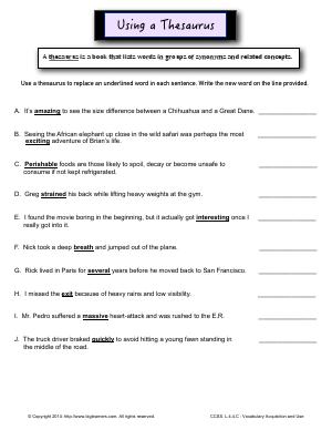 Preview image for worksheet with title Using a Thesaurus