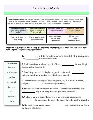 Preview image for worksheet with title Transition Words