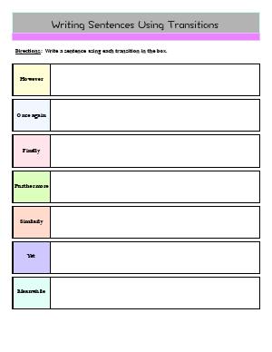 Preview image for worksheet with title Writing Sentences Using Transitions