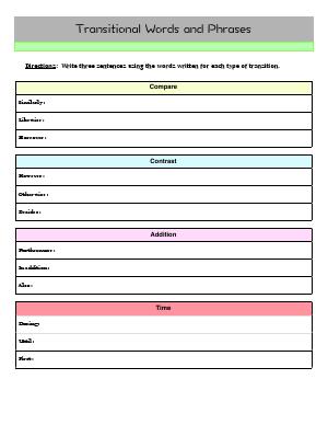 Preview image for worksheet with title Transitional Words and Phrases