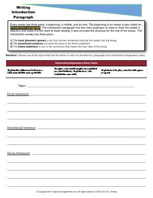 Preview image for worksheet with title Writing Introduction Paragraph