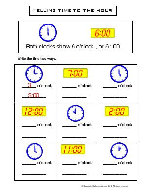 Preview image for worksheet with title Telling Time to the Hour