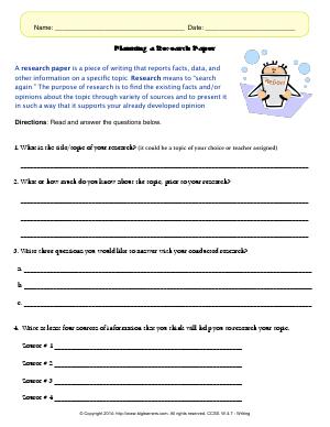 Preview image for worksheet with title Planning a Research Paper