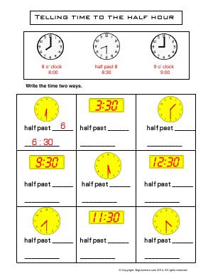 Preview image for worksheet with title Telling Time to the Half Hour