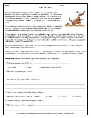 Preview image for worksheet with title Anteaters