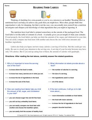 Preview image for worksheet with title Reading Food Labels