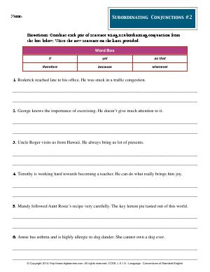 Preview image for worksheet with title Subordinating  Conjunctions #2