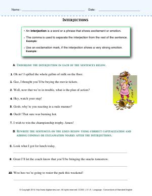 Preview image for worksheet with title Interjections