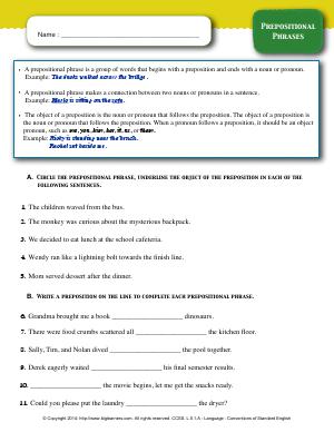 Preview image for worksheet with title Prepositional Phrases