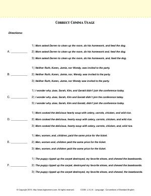 Preview image for worksheet with title Correct Comma Usage