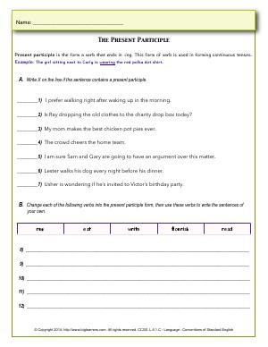 Preview image for worksheet with title The Present Participle