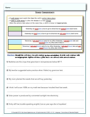 Preview image for worksheet with title Tense Consistency