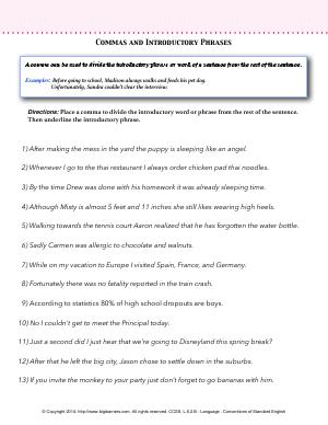 Preview image for worksheet with title Commas and Introductory Phrases