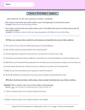 Preview image for worksheet with title Commas With Direct Address