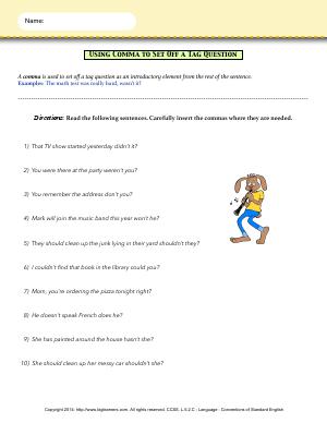 Preview image for worksheet with title Using Comma to Set Off a Tag Question