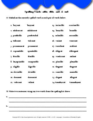 Preview image for worksheet with title Spelling Words -able, -ible, -ant, & -ent