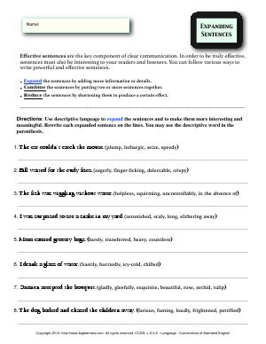 Preview image for worksheet with title Expanding Sentences