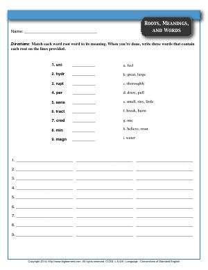 Preview image for worksheet with title Roots, Meanings, and Words