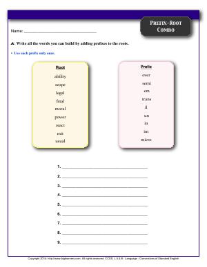 Preview image for worksheet with title Prefix-Root Combo