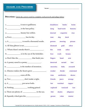 Preview image for worksheet with title Adages and Proverbs