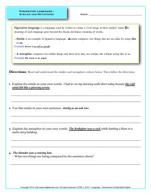 Similes and Metaphors | Fifth Grade English Worksheets | Biglearners