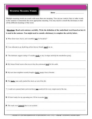 Preview image for worksheet with title Multiple Meaning Words