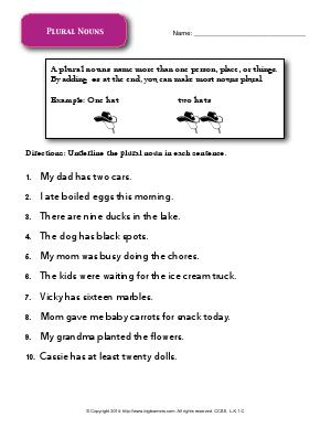 Preview image for worksheet with title Plural Nouns