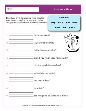 Preview image for worksheet with title Question Words