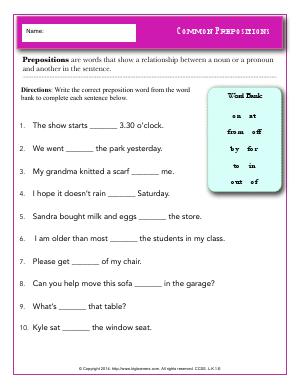 Preview image for worksheet with title Common Prepositions