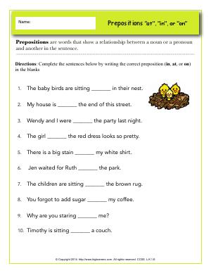 Preview image for worksheet with title Prepositions “at”, “in”, or “on”