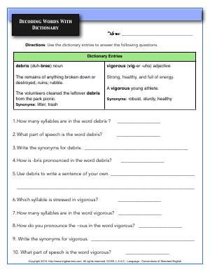 Preview image for worksheet with title Decoding Words With Dictionary