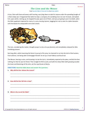 Preview image for worksheet with title The Lion and the Mouse