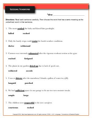 Preview image for worksheet with title Sizzling Synonyms