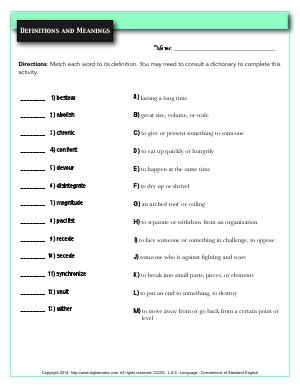 Preview image for worksheet with title Definitions and Meanings