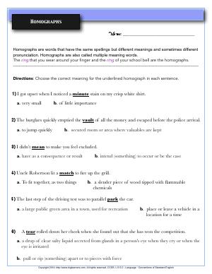 Preview image for worksheet with title Homographs