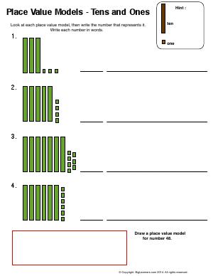 Preview image for worksheet with title Place Value Models - Tens and Ones