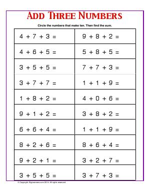 Preview image for worksheet with title Add Three Numbers