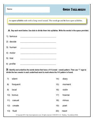 Preview image for worksheet with title Open Syllables