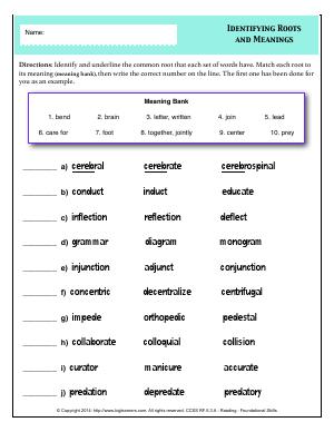Preview image for worksheet with title Identifying Roots and Meanings