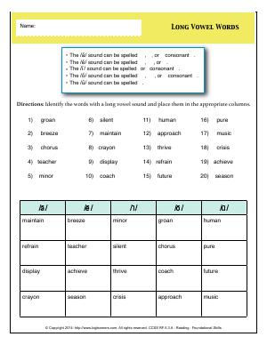 Preview image for worksheet with title Long Vowel Words