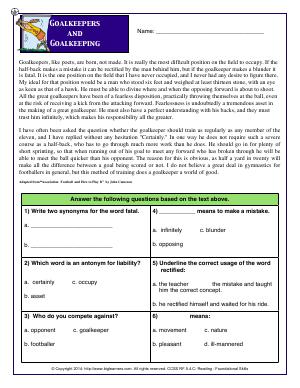 Preview image for worksheet with title Goalkeepers and Goalkeeping