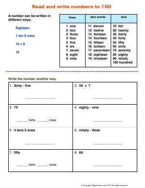Preview image for worksheet with title Read and Write Numbers to 100.